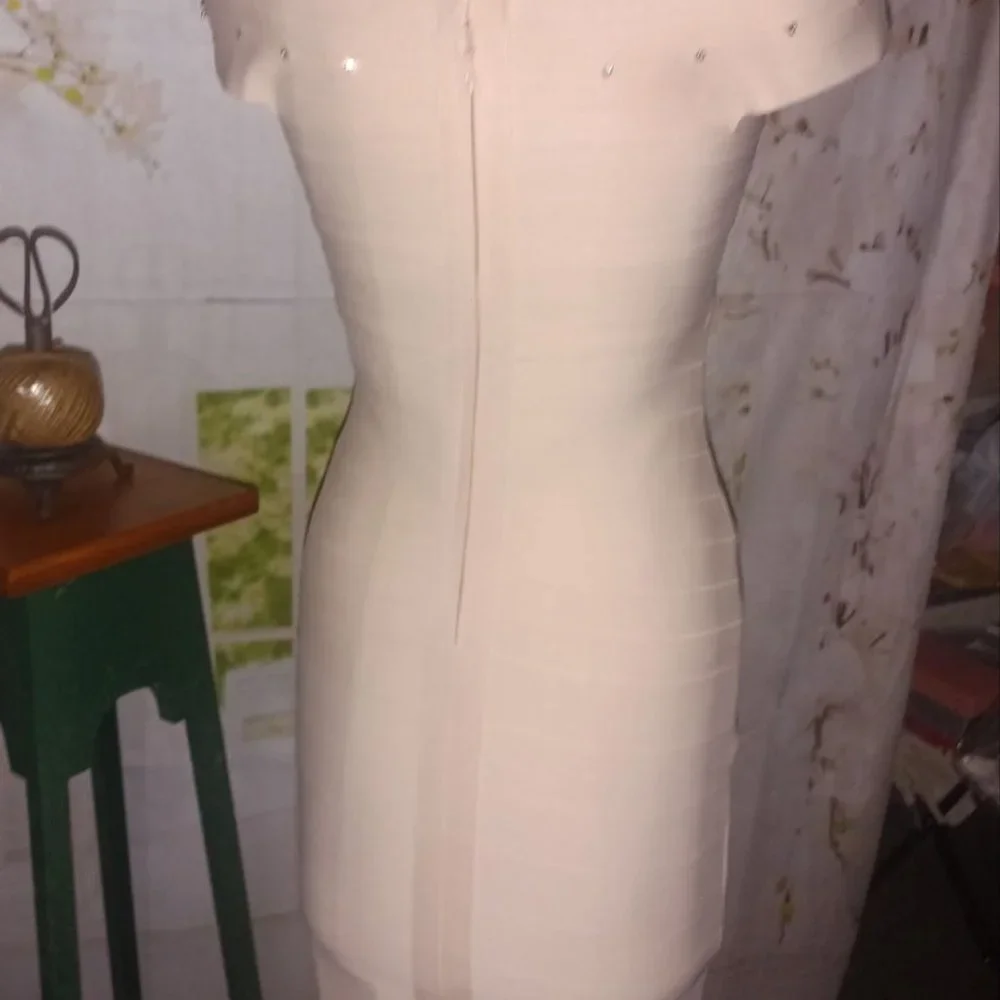 Off Shoulder Light Peach & Rhinestone Bodycon Dress - Picture 3 of 6